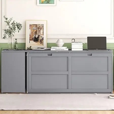 Queen Size Solid Wood Murphy Bed with 2 Storage Shelves and Rotatable Desk