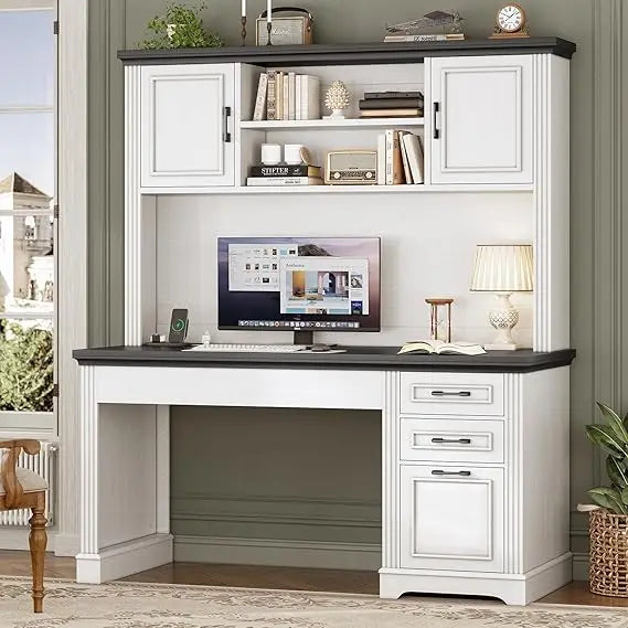 Farmhouse Computer Desk with Hutch and 3 drawers, with Power Outlet