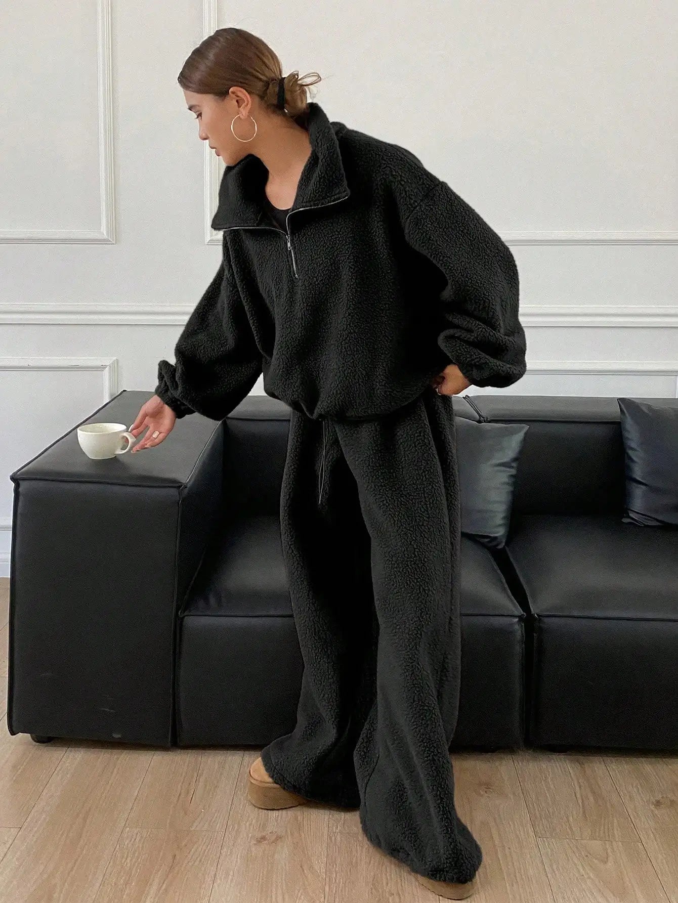Women's Cozy Fleece Lounge Set with Half Zip Top & Wide Leg Pants, Fall/ Winter Thermal Tracksuit