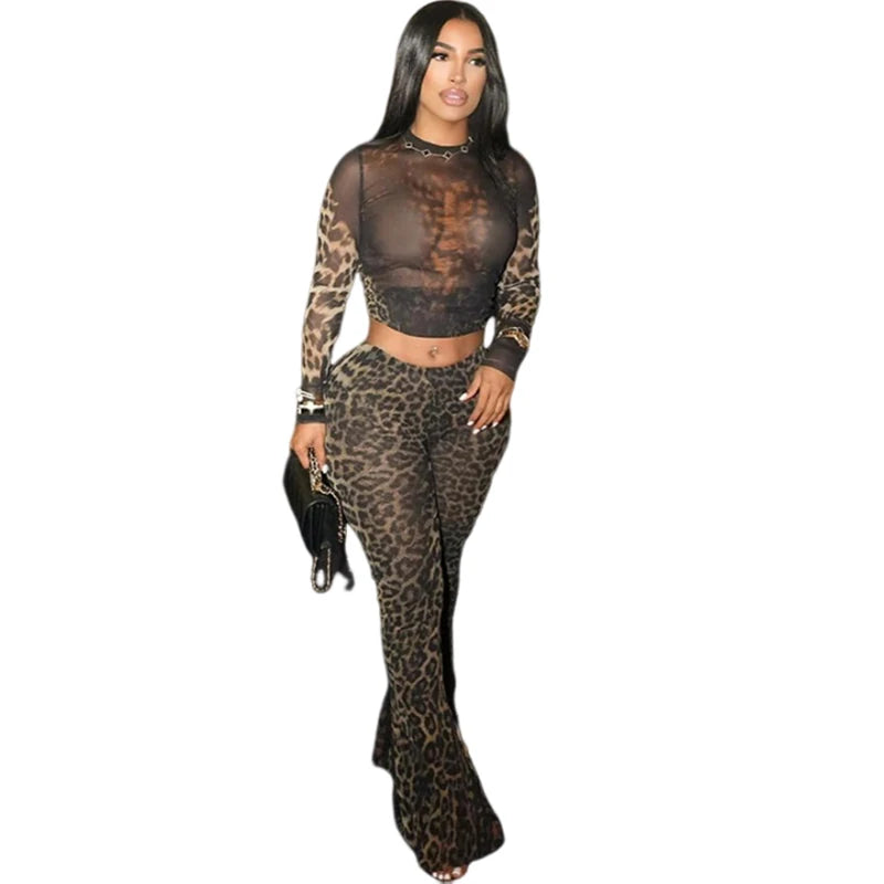 Sexy 2 Piece Set Women See Through Midnight Party Full Sleeve Crop Top + Pants Matching Clubwear