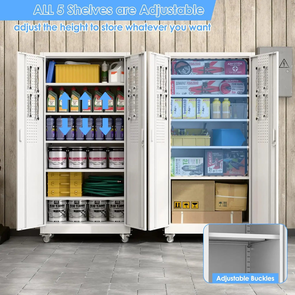 Upgrade 71"H'', 32''W,16''D Metal Garage Storage Cabinet with Wheels and Pegboards, 5 Adjustable Shelves Steel Storage Cabinets