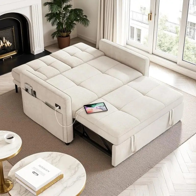 3-in-1 Sleeper Sofa with Pull-Out Bed, Linen Futon Couch with Adjustable Backrest and Side Pocket