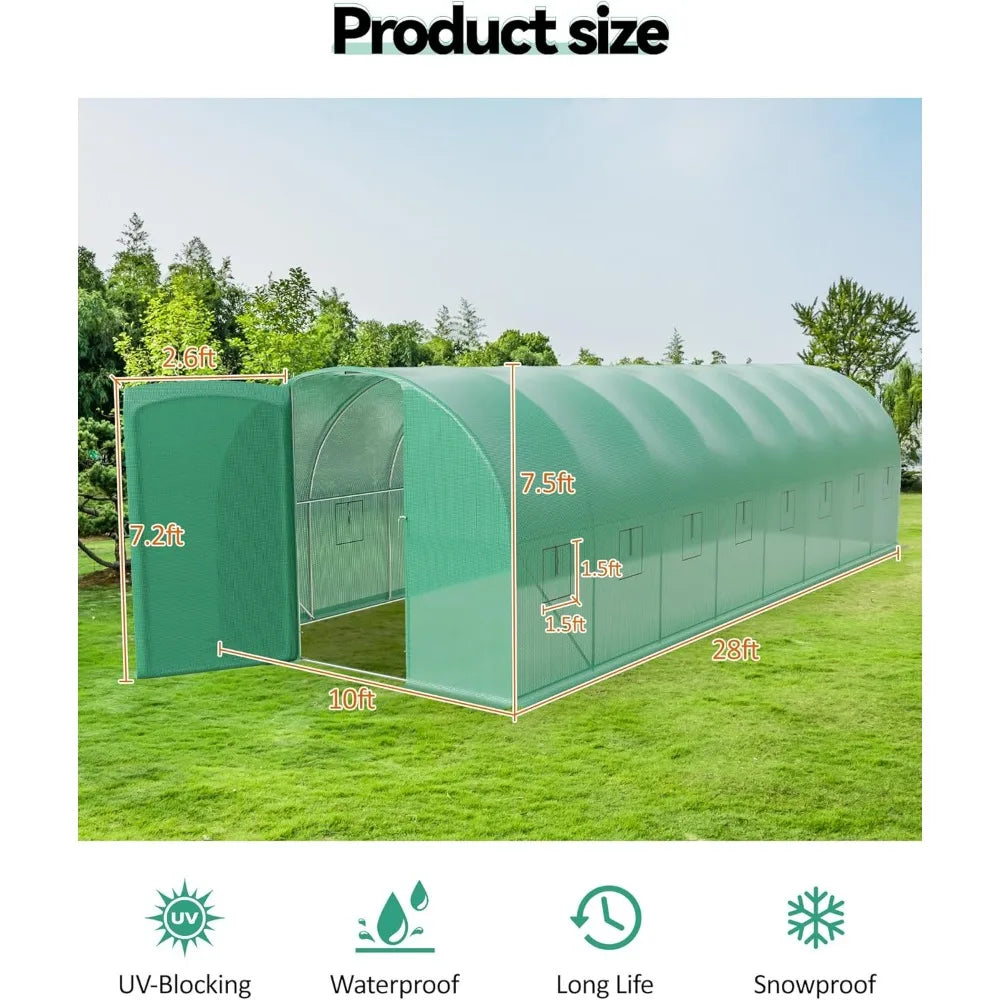 Expansive 27x10x7 Ft Outdoor Greenhouse with Hinged Door, 16 Ventilation Meshes, Robust Galvanized Steel Construction