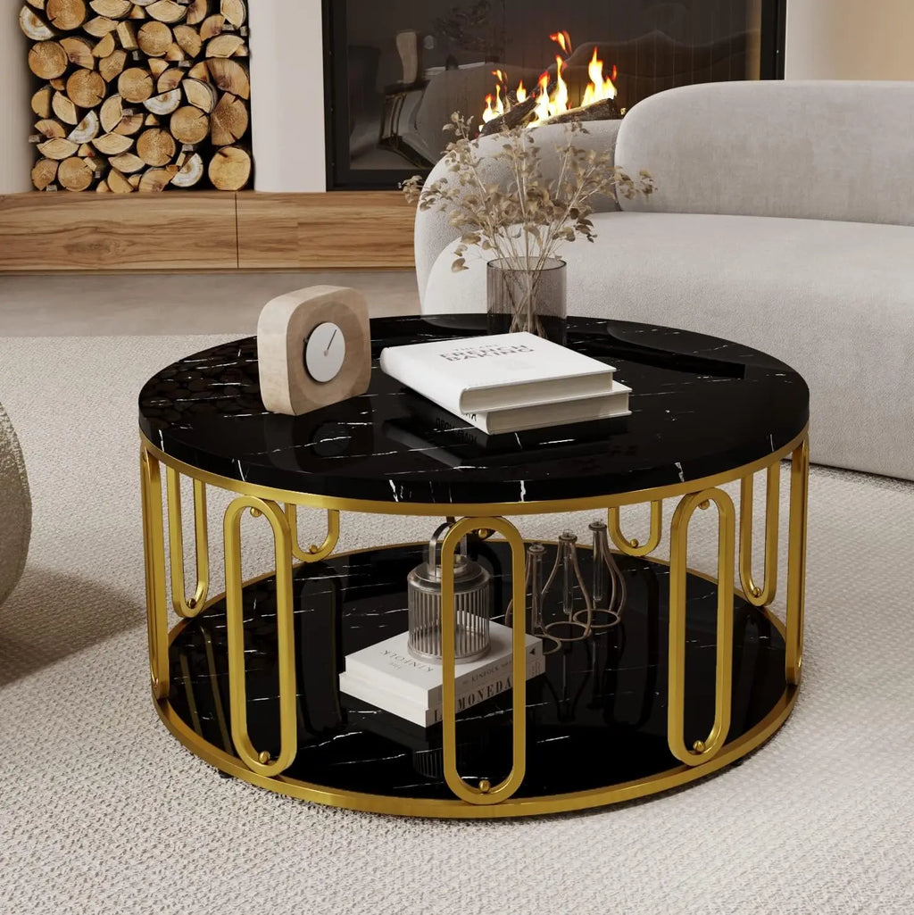 Round Coffee Table, Wooden Marble Pattern Coffee Table with Round Open Storage, Solid Golden Metal Legs for Living Room，Black
