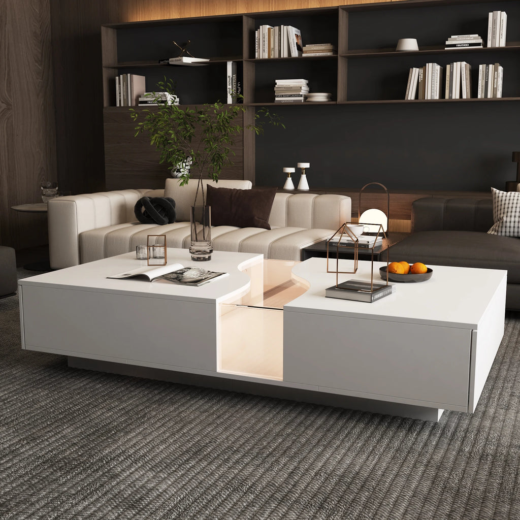 55.1'' Wide Modern Coffee Table With 2 Drawers & LED Lights, Coffee Table With Spacious Tabletop, For Living Room