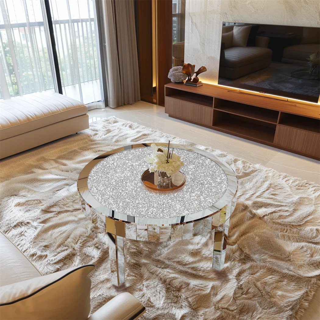 Luxury Round Mirrored Coffee Table Silver Coffee Table Accent Side Table  for Living Room,Bedroom