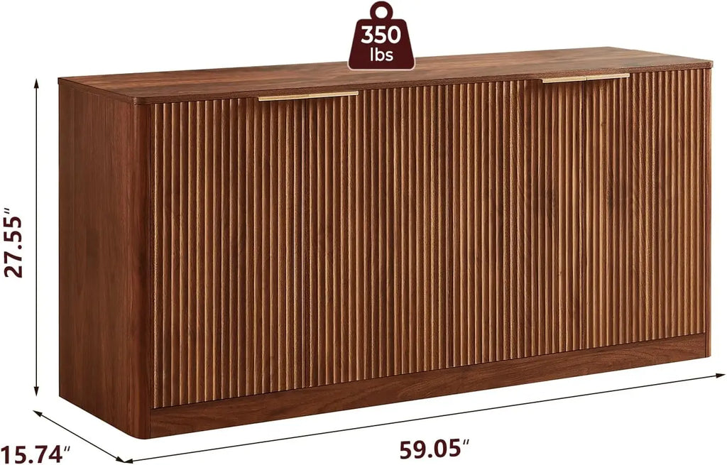 59" Fluted Walnut Sideboard Buffet Cabinet , Large Buffet Cabinet , Wood Mid Century Modern Sideboard