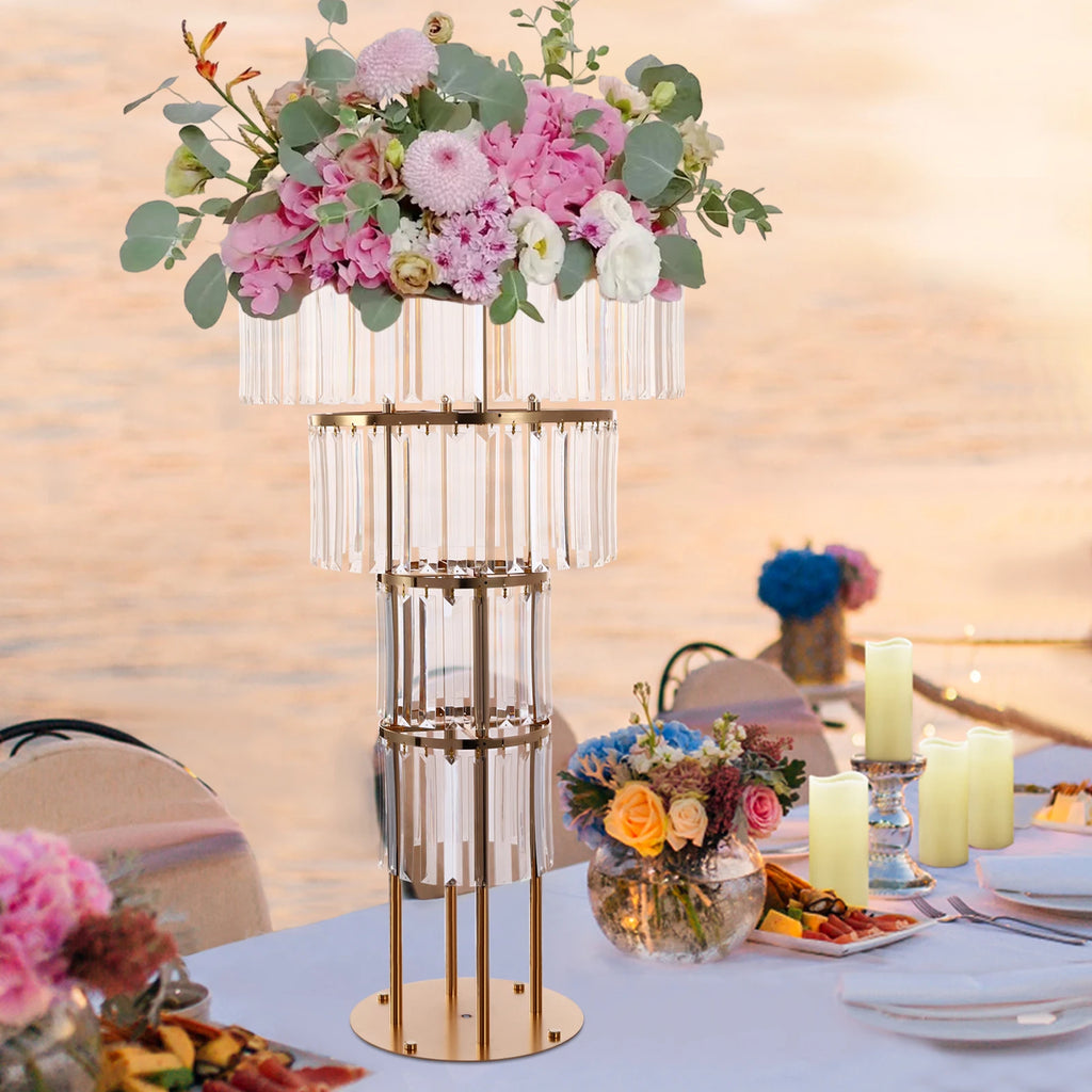 4 Tier Round Gold Electroplated Iron Crystal Flower Stand/ Freestanding 90cm Acrylic Floral Pedestal Holder/ Heavy 8kg Load Wedding Table Centerpiece Decor/ Easy Assemble/ Detachable Display Rack for Birthday/ Baby Shower/ Va