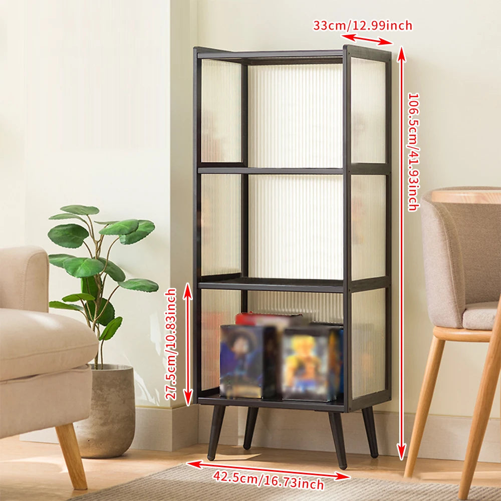 4-Tier Black Metal Display Cabinet with Fluted Acrylic Doors/ Stackable Dustproof Figurine/ Collectibles Showcase Open/Closed Combo Bookshelf Freestanding Toy Figure Storage Shelf for Living Room Home Decor