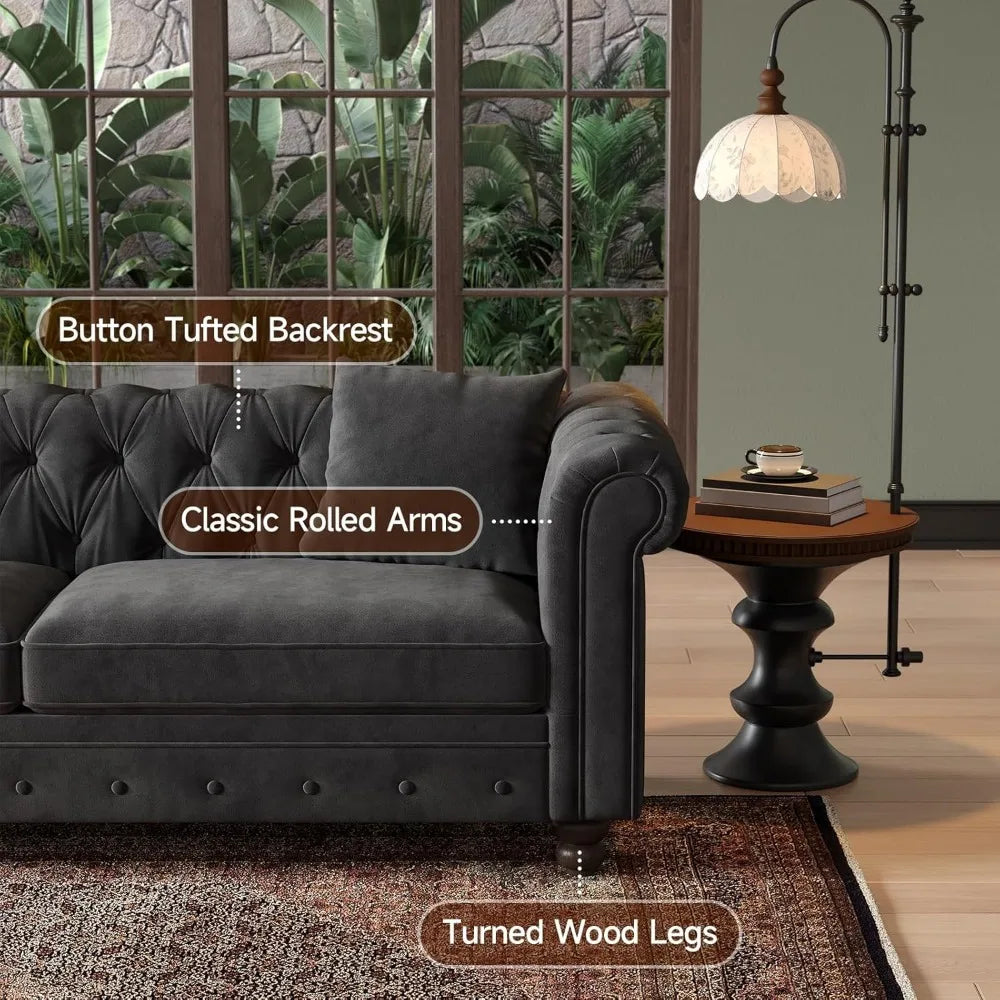 82 Inch Chesterfield Sofa, 23 Inch Deep Seat Velvet Couch for Living Room, Button Tufted Couch with Rolled Arms, 2 Throw Pillows