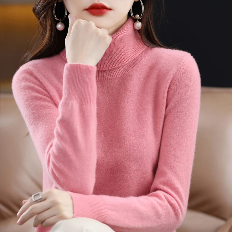 100% Merino Wool Cashmere Sweater Women Knitted Sweater Turtleneck, Long Sleeve Pullovers Autumn/ Winter Clothing