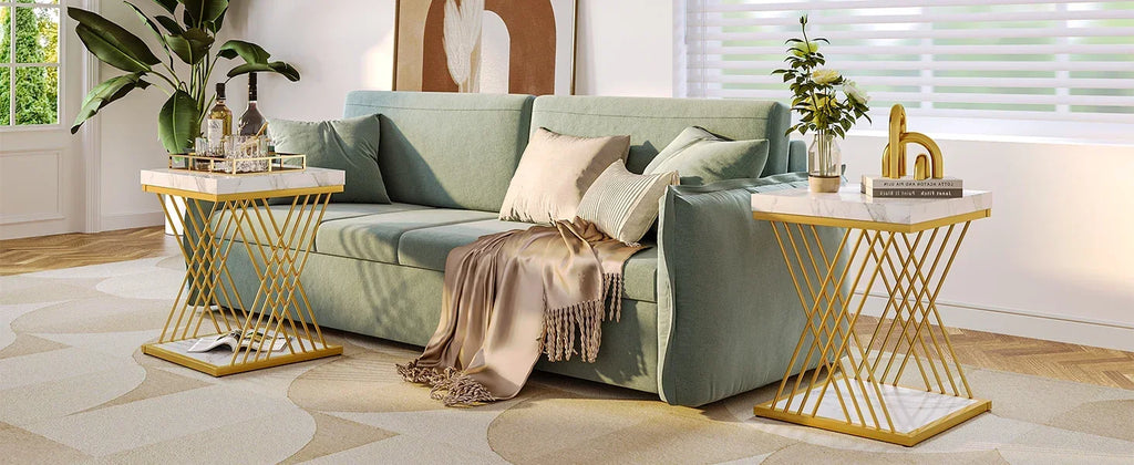 Square End Table White Gold 2-Tier Side Table Modern Small Table with Storage for Couch, Faux Marble White +Gold