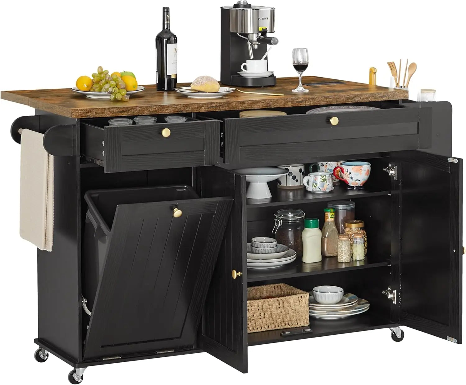 60" Kitchen Island with Power Outlet & Drop Leaf, Kitchen Rolling Island with Spice Rack & Towel Rack, Knife Holder