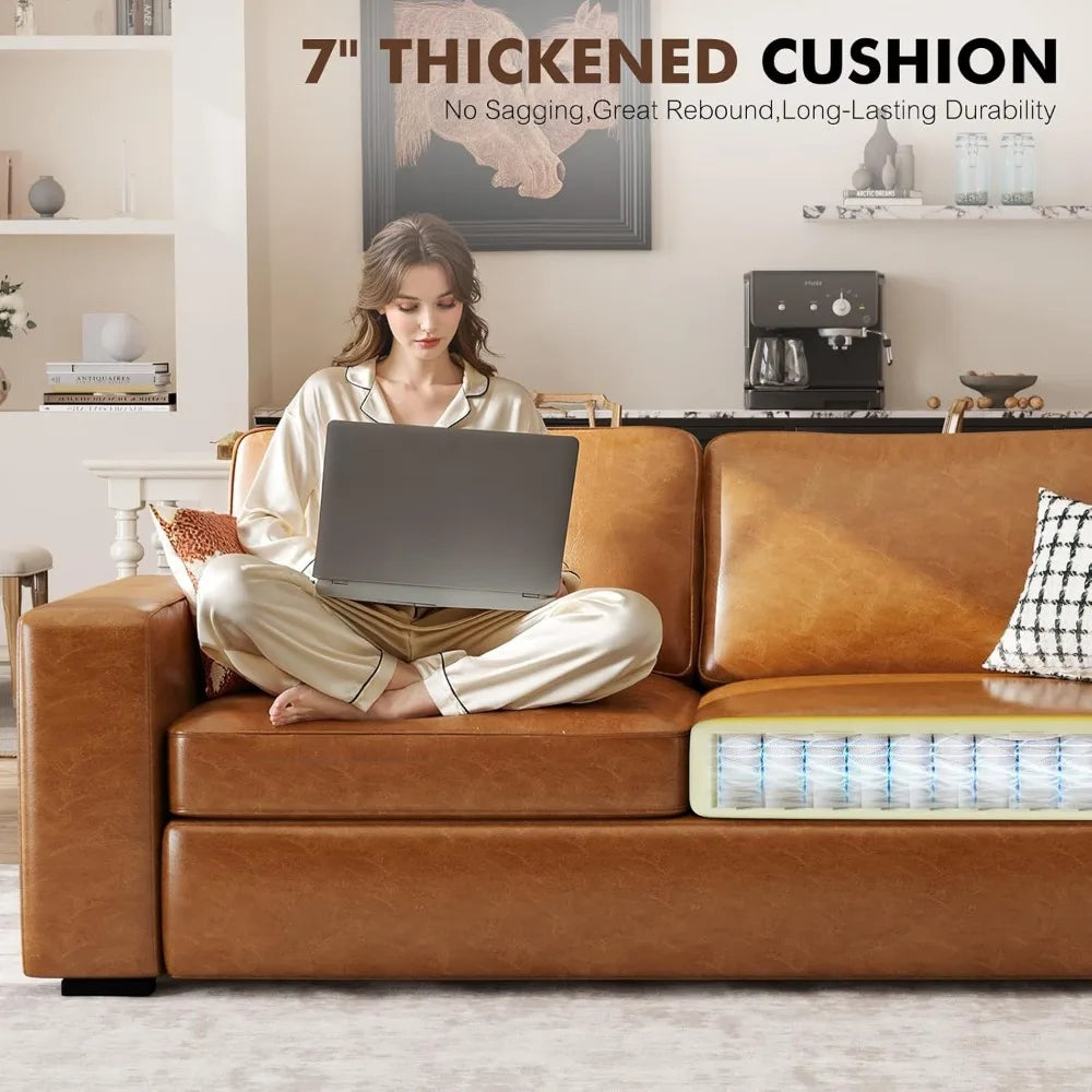 85" Faux Leather Couch with Padded Cushions, Mid-Century Modern Sofa with Extra Deep Seats, 3-Seater Sofa Couch for Living Room