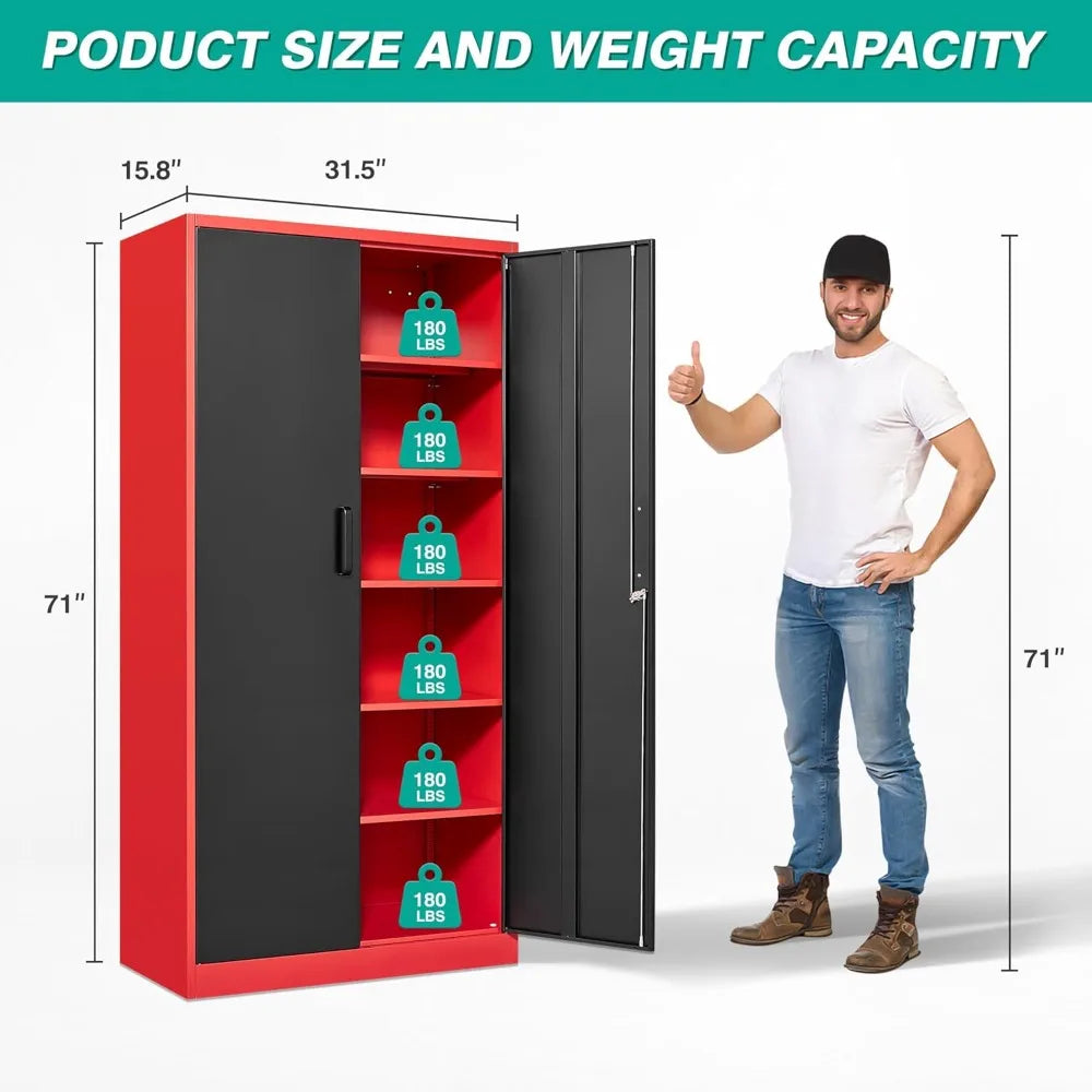Garage Storage Cabinet with 5 Adjustable Shelves, Metal Storage Cabinet with Lock,Red Black Metal Cabinet with Locking Doors, Steel