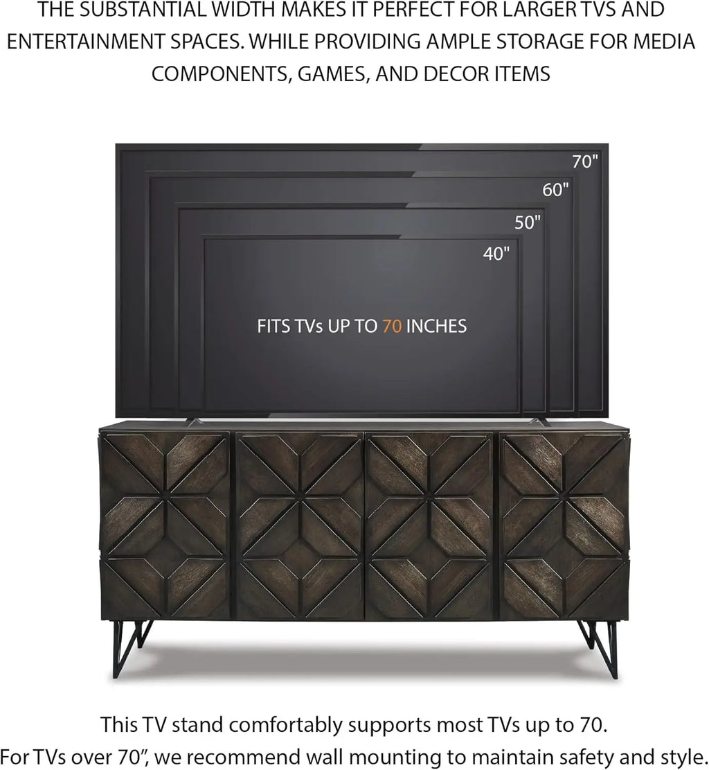 Urban Geometric Design TV Stand Fits TVs up to 70", 4 Cabinet Doors and 3 Adjustable Storage Shelves, Dark Brown