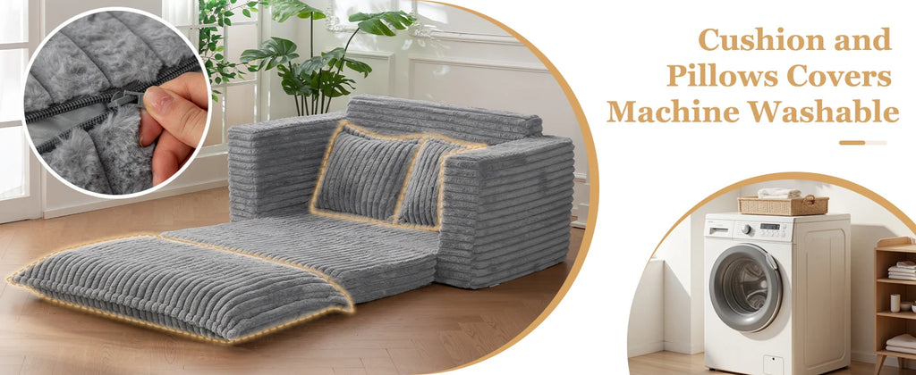 3-in-1 Pull Out Floor Couch with Washable Cushion and Pillows, Loveseat Sleeper Sofa, Convertible Sofa Bed/ Futon Couches