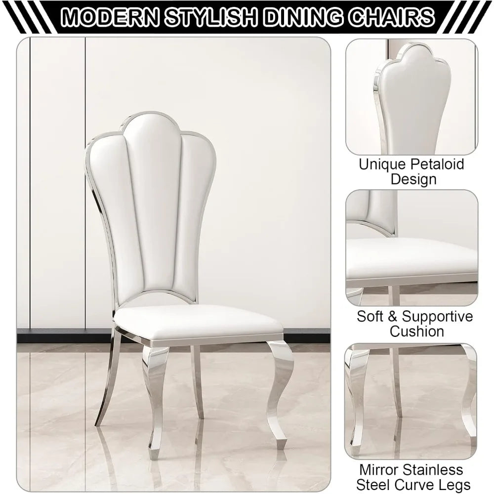 Modern Leather Dining Chairs Set of 2, Elegant Shell Shape Comfy Upholstered Dining Room Chairs w/Unique High Backrest Stainless
