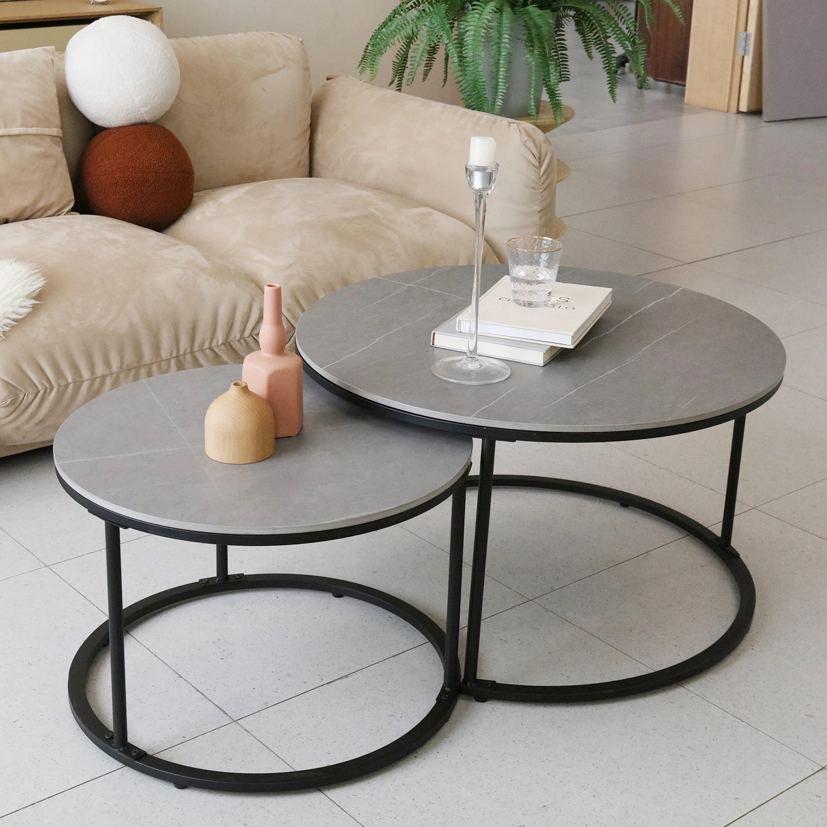 Modern Nesting Round Grey Marble Top Coffee Table Set/ Sintered Stone Table/ Metal Legs Home Furniture