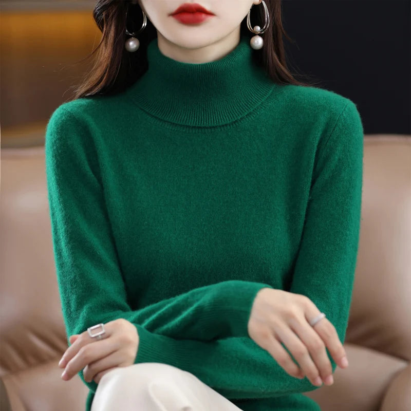 100% Merino Wool Cashmere Sweater Women Knitted Sweater Turtleneck, Long Sleeve Pullovers Autumn/ Winter Clothing