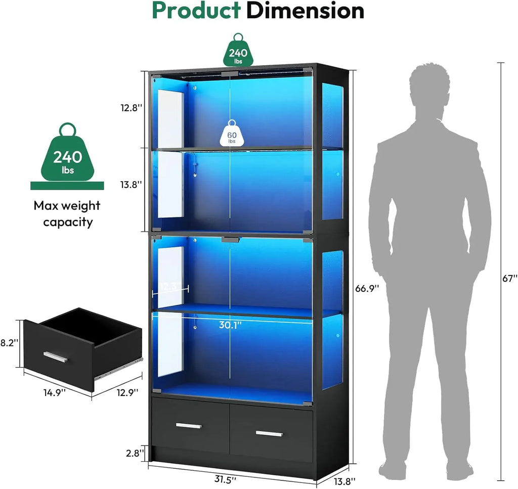 Glass Display Cabinet with Doors - Curio Cabinet with Dynamic LED Lights, 67" Display Case for Any Item, Black