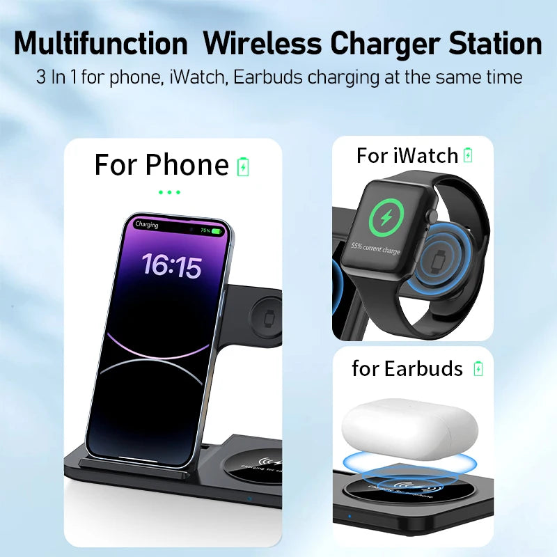 Desk Fast Wireless Charger Stand Pad/ Foldable Fast Charging Station Dock for iPhone 16 15 14 13 12 Pro Max Apple Watch, Air Pods