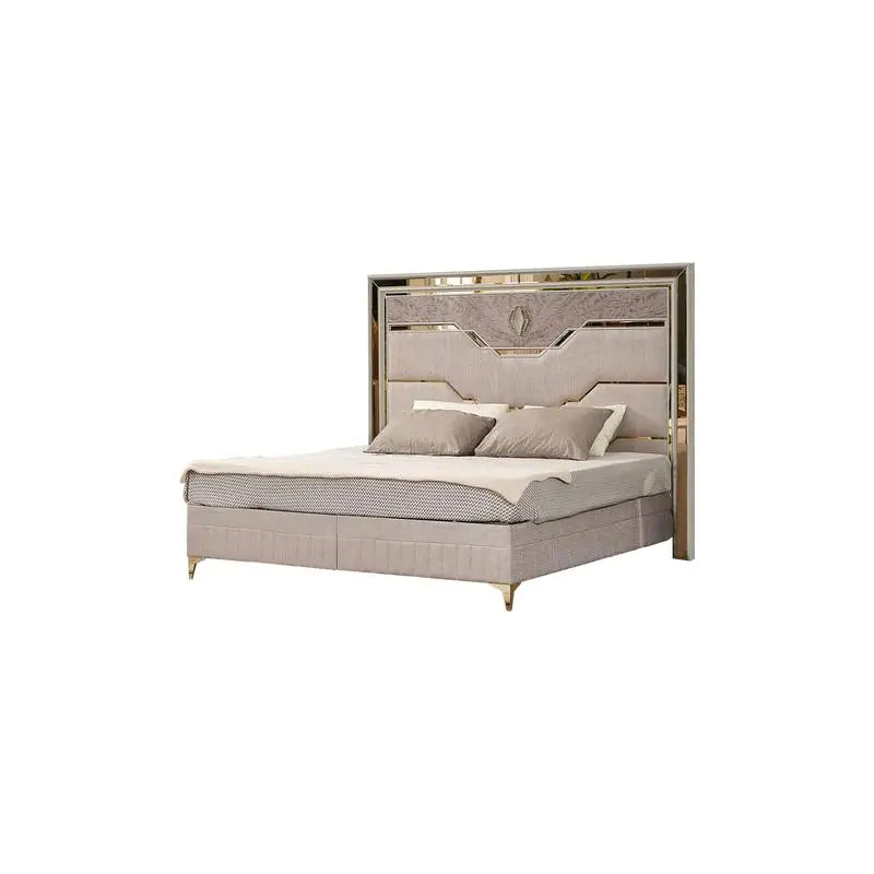 Modern Style 4-Piece Queen Upholstered Bedroom Set with Wood and Gold Accents in Beige