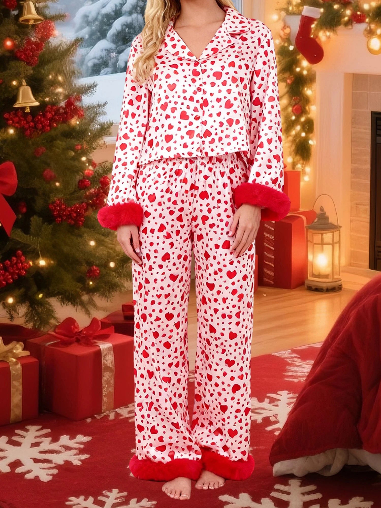 Valentine s Day Women s Pajama Set with Heart Print Long Sleeve Button Up Top and Pants Lounge Wear 2 Piece Set for Comfort