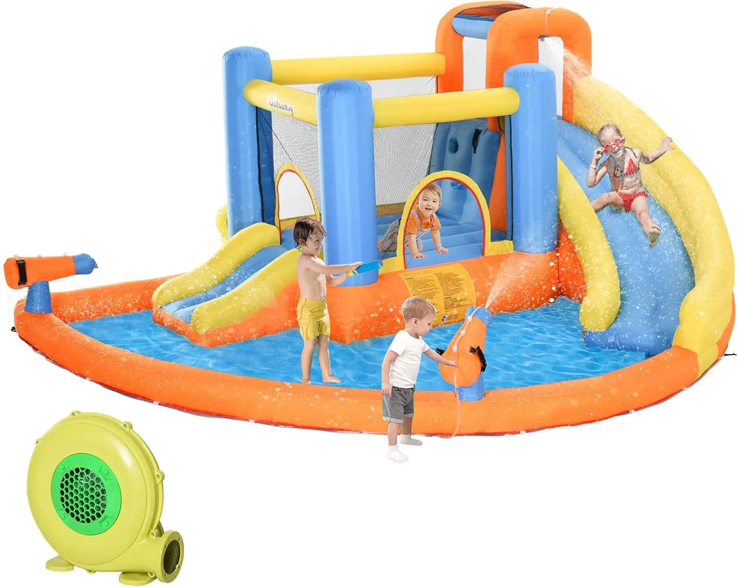 5-in-1 Inflatable Water Park for Kids - Bounce House with Water Slide, Pool, Climbing Wall, Water Cannon, Dual Slides, Trampoline & Air Blower for Indoor/Outdoor Backyard Fun