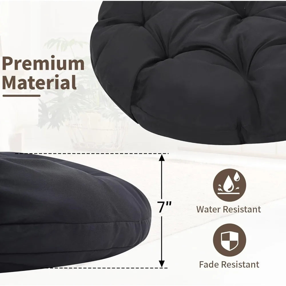 Adult-Sized Rattan Papasan Chair with Cushion, 360° Swivel, Waterproof, Grey and Black Frame