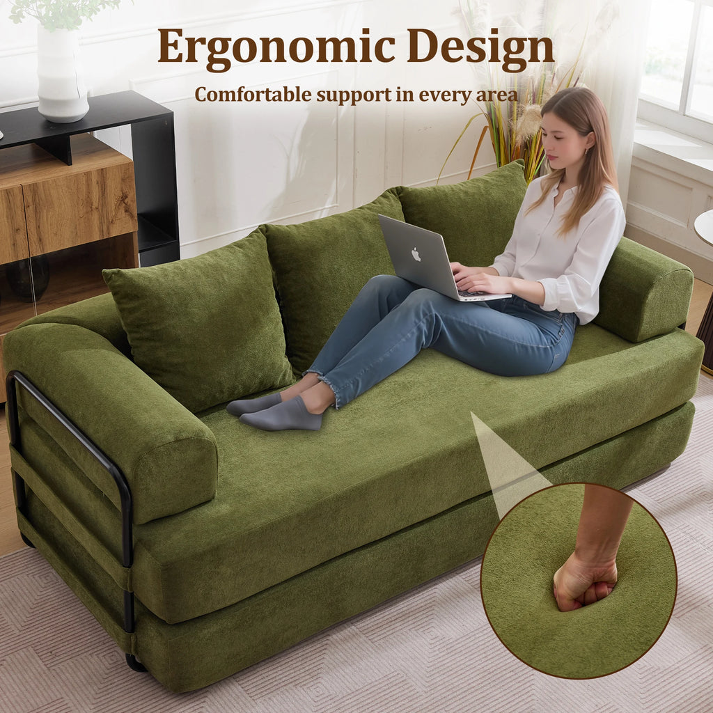 Convertible Sofa Bed with Pillows Modular Floor Sofa with Fixed-Shape Frame Chenille, Removable Folding Mattress Couch