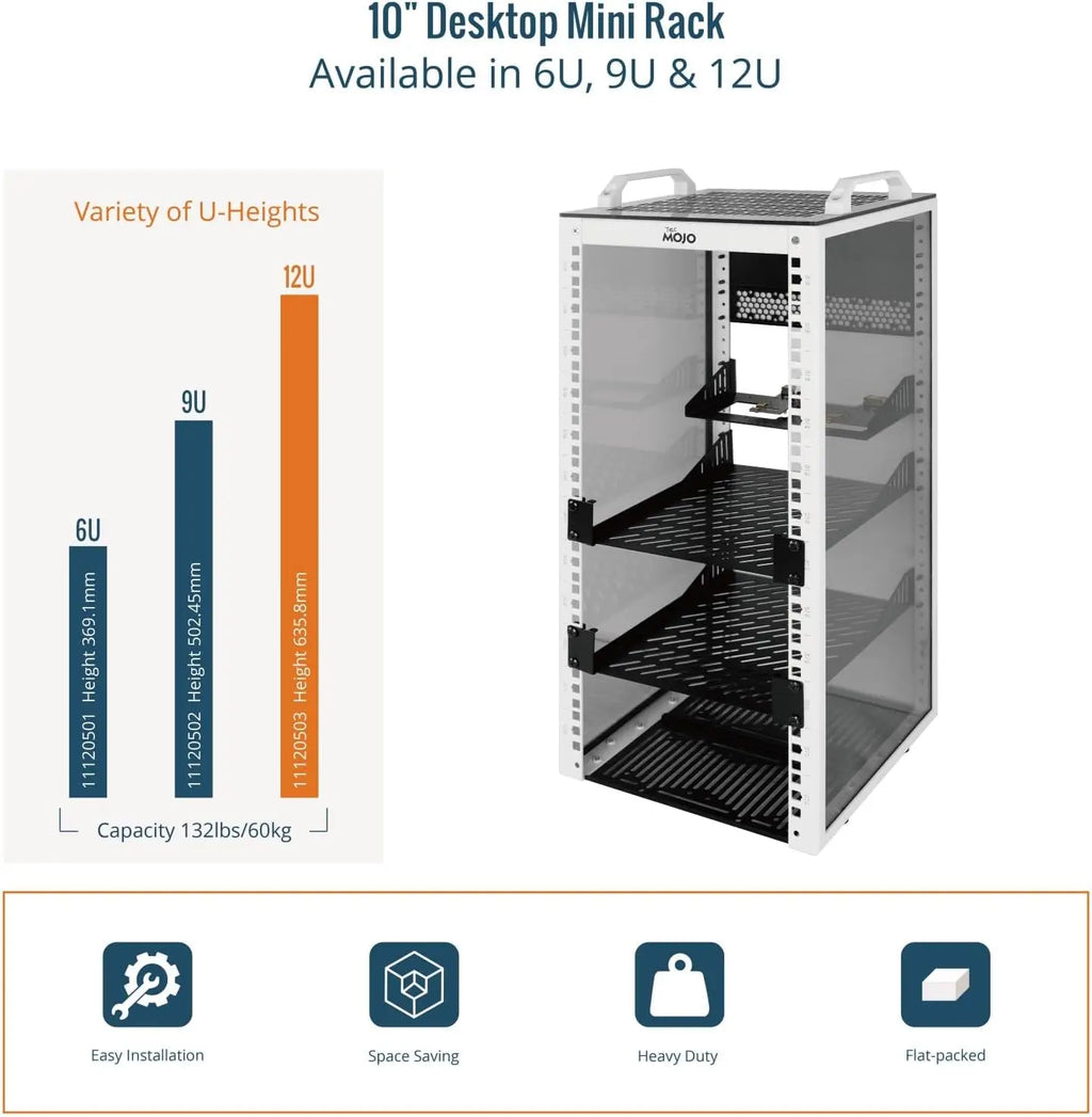 12U Mini Server Rack, 10 Inch Deep with Translucent Panels & Handles for IT Equipment & AV Devices, White