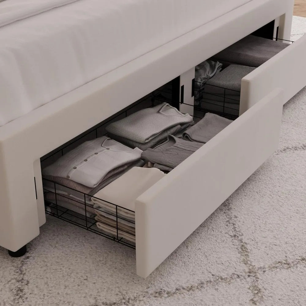 Full Upholstered LED Bed Frame with 2 Storage Drawers, Velvet Platform Bed with Wingback Headboard