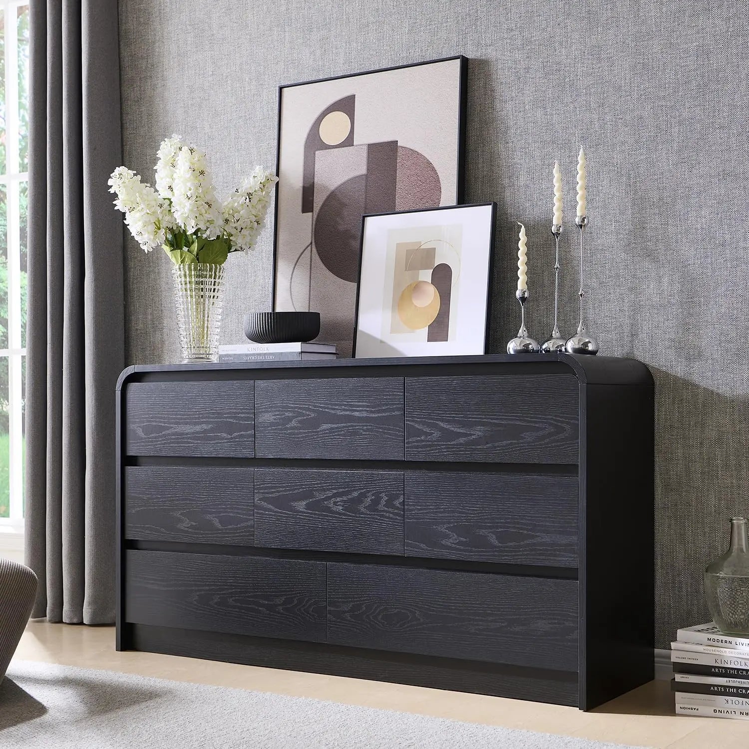 8 Drawers Dresser, 55" Wide Dresser & Chest of Drawers w/Curved Profile Design, Wood Mid Century