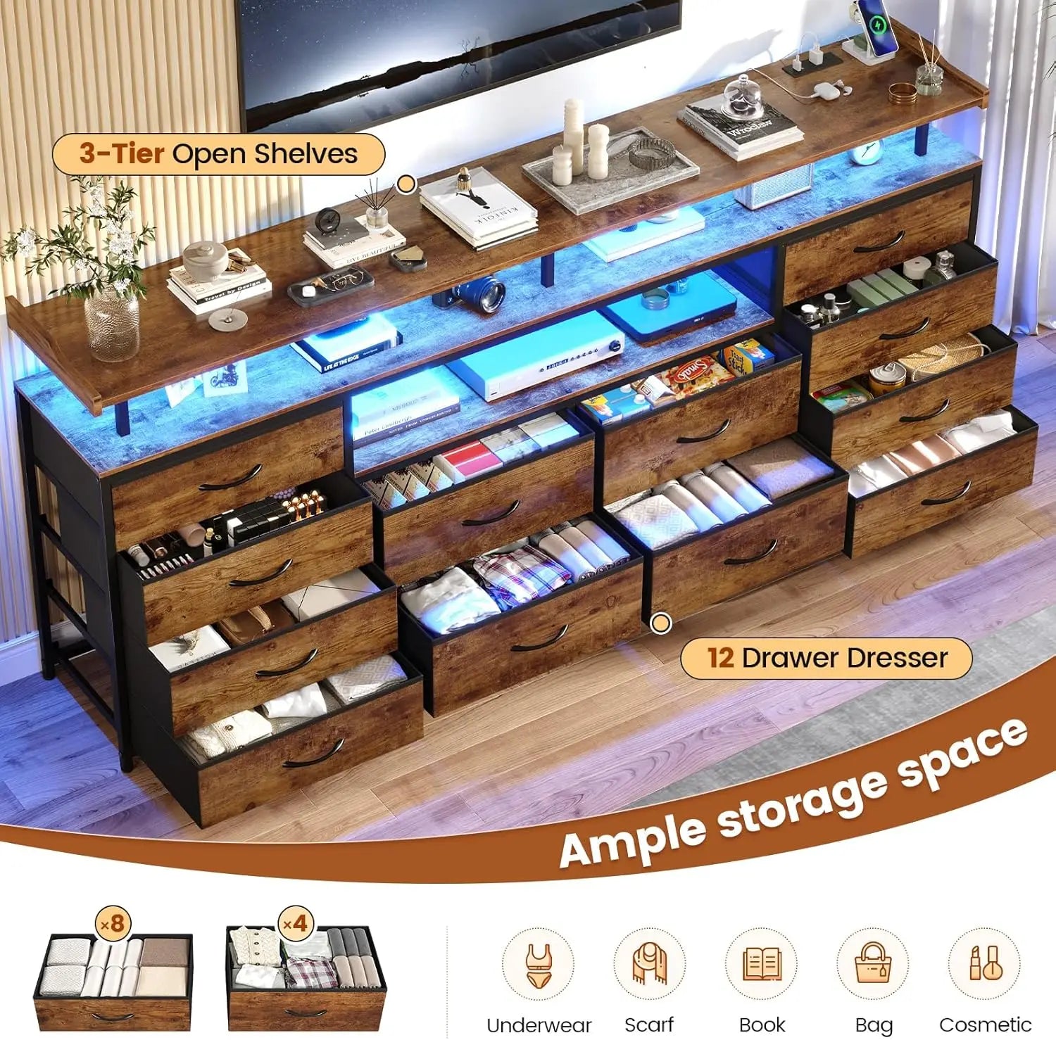 Entertainment Center with LED Lights & Power Outlets, 12 Drawers/ TV Stand Dresser for 65/70" TV, 63" Large LED TV Stand