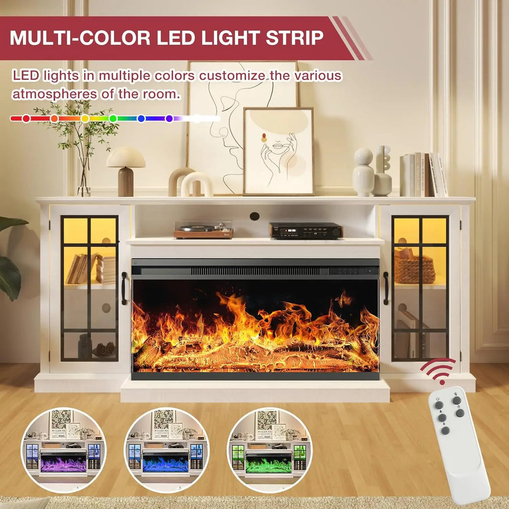 36 Inch 3-Sided Glass Fireplace TV Stand for TVs up to 80",Rustic Media Entertainment Center/Console Table with Glass Door/Storage