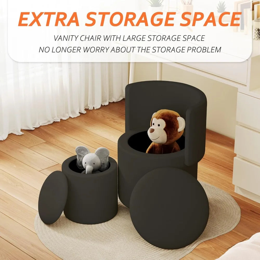 Round Vanity Chair with Storage, Rolling PU Leather Swivel  Makeup Stool Chair with Folding Back, Upholstered Ottoman