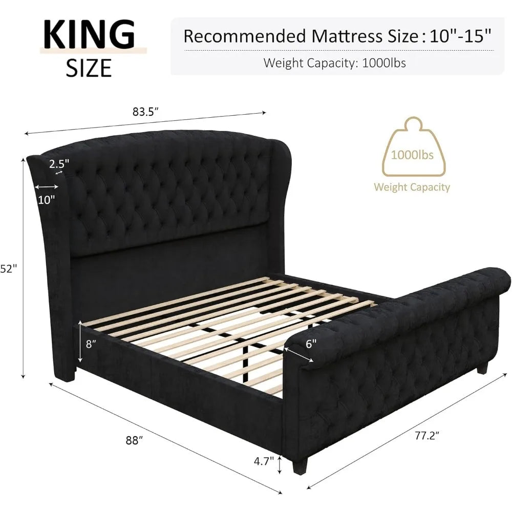 King Size Platform Bed Frame, Velvet Tufted Upholstered Sleigh Bed with Scroll Wingback Headboard & Footboard