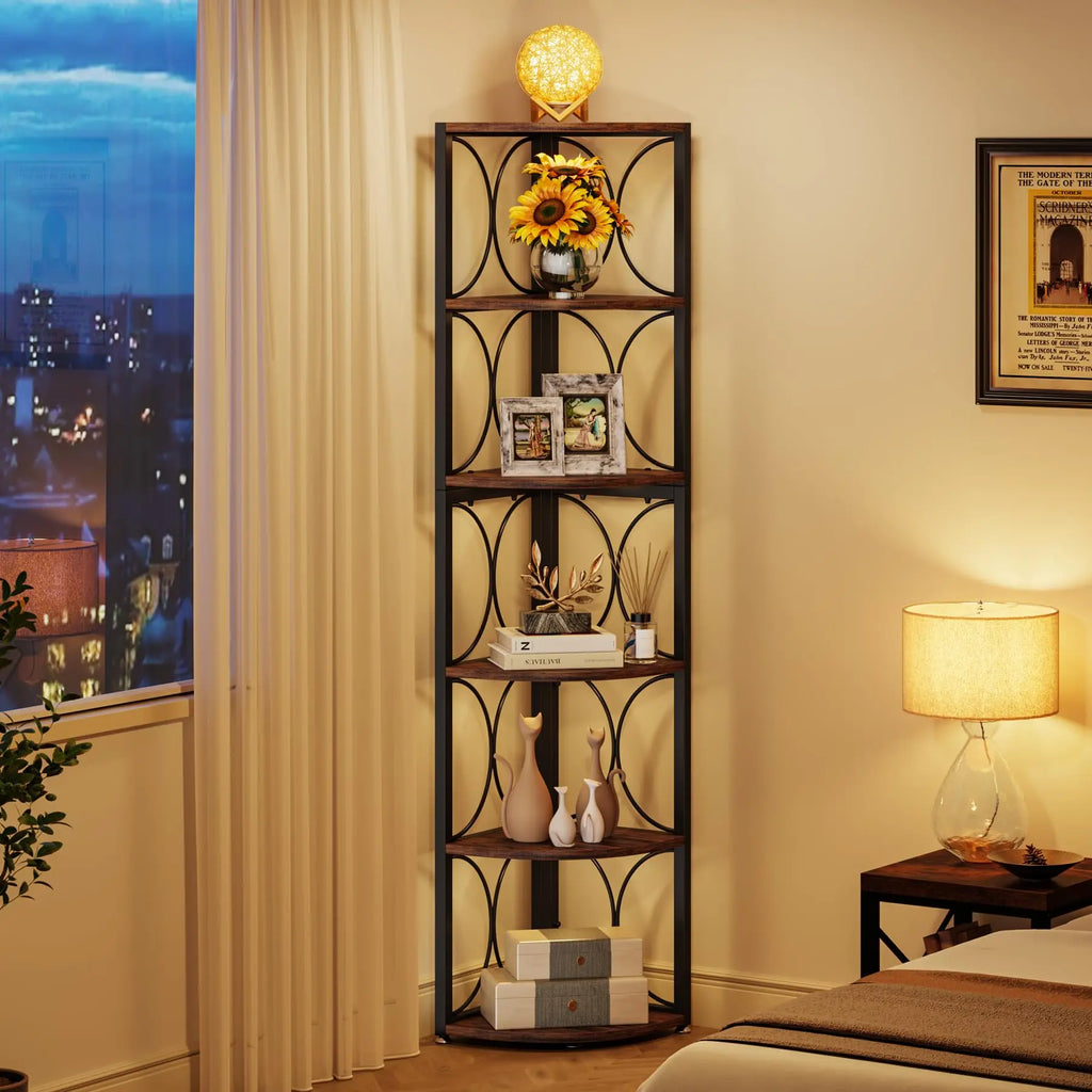 67 inch Tall Corner Shelf, 6 Tier Rustic Corner Bookshelf Bookcase, Storage Rack Standing Shelving Unit