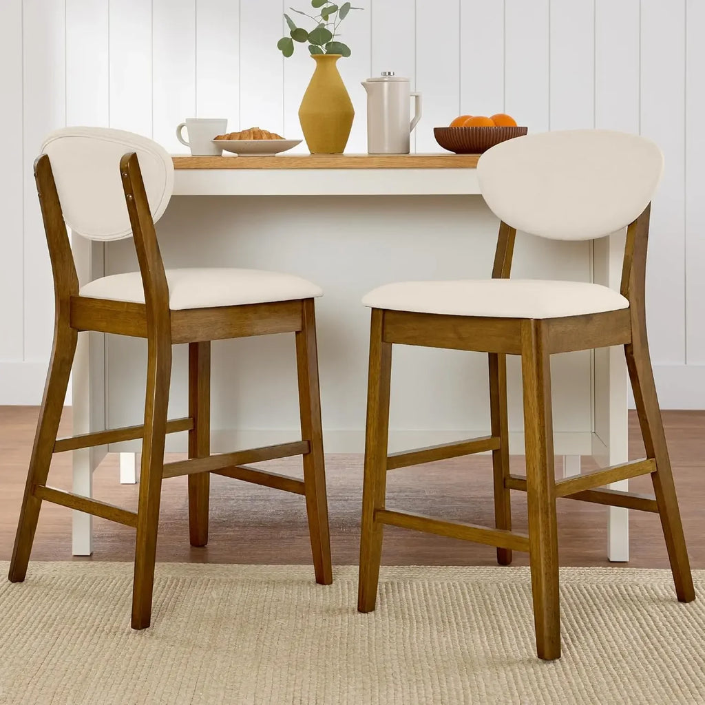 Bar Stool Set of 2, Mid-Century Modern Upholstered Wood, Armless Counter Height w/Seat Cushion, Backrest - Walnut/Cream