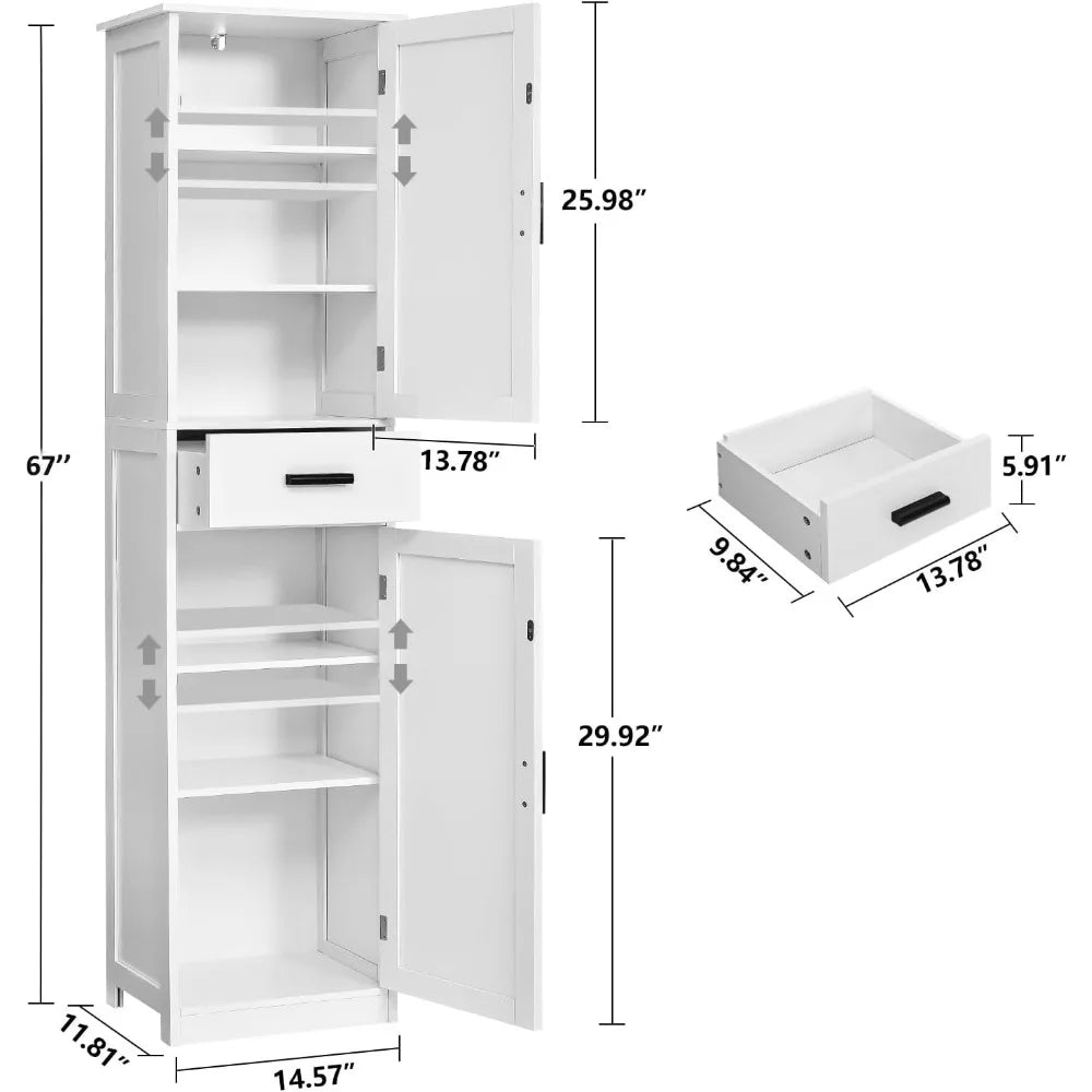 67-inch Tall Bathroom Storage Cabinet with 4 Shelves and 2 Doors, Slim Cabinet for Living Room and Home Office Use