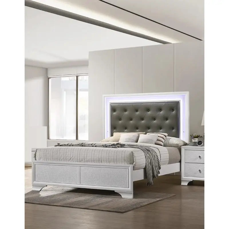 Modern White Crocodile Skin Finish King Size LED Panel Bed Faux Diamond Tufted Bedroom Furniture Set