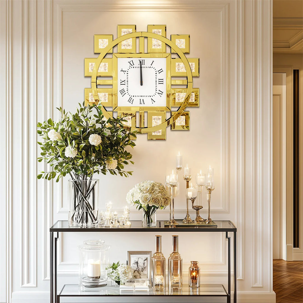 60CM Decorative Wall Clock with Silver/ Golden Crystal Crushed Diamond Inlay/ Battery Operated