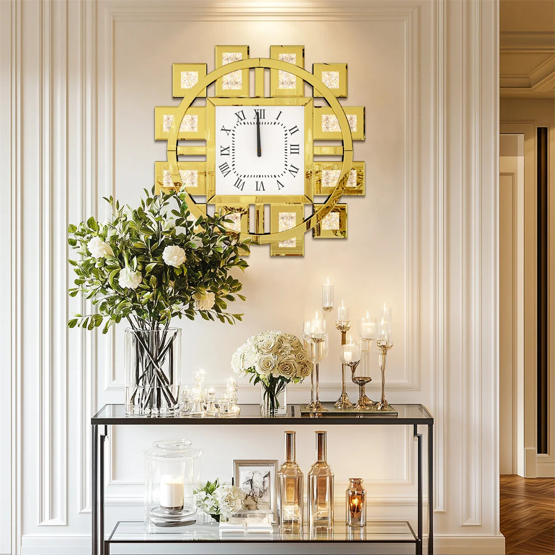 60CM Decorative Wall Clock with Silver/ Golden Crystal Crushed Diamond Inlay/ Battery Operated