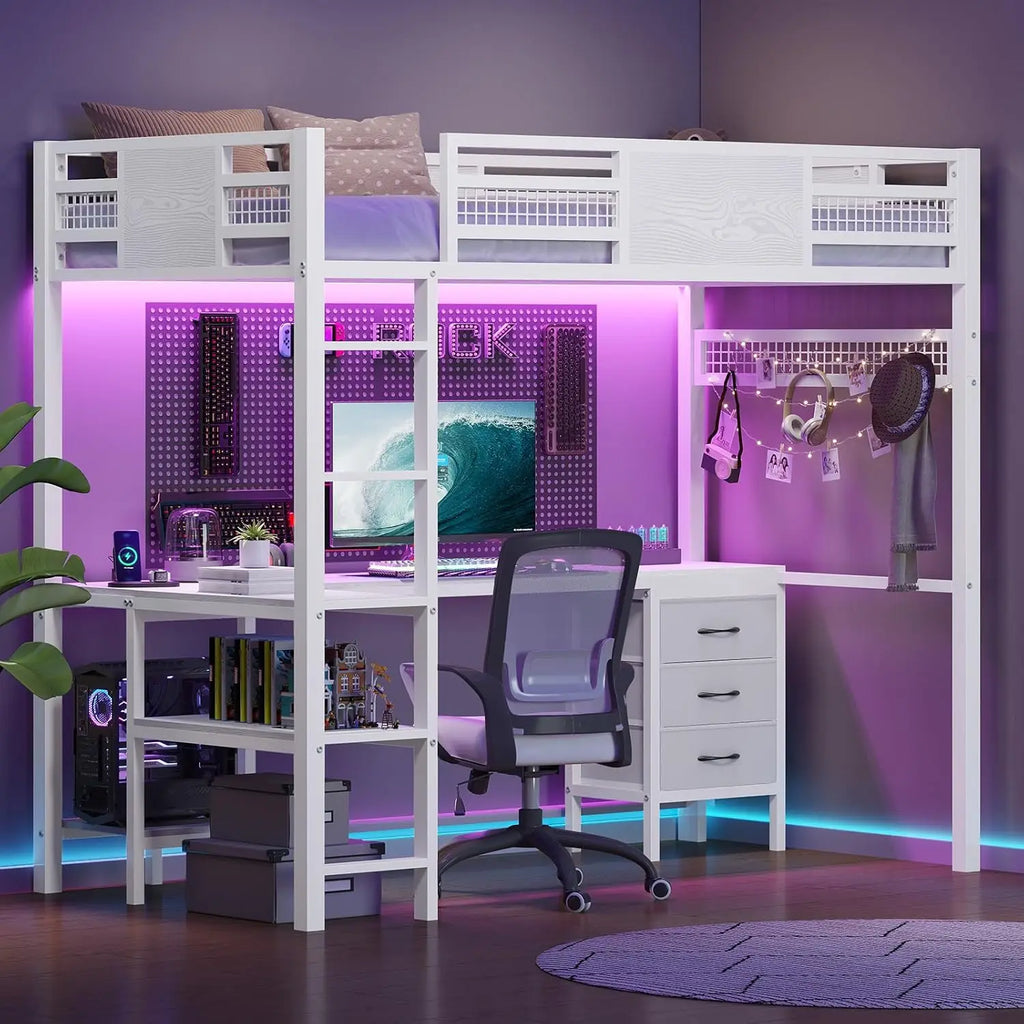 Loft Bed Twin Size with L-Shaped Desk, 3 Storage Drawers, 2-Tier Storage Shelves, Power OUtlets, LED Metal Twin Size Bed Frame,