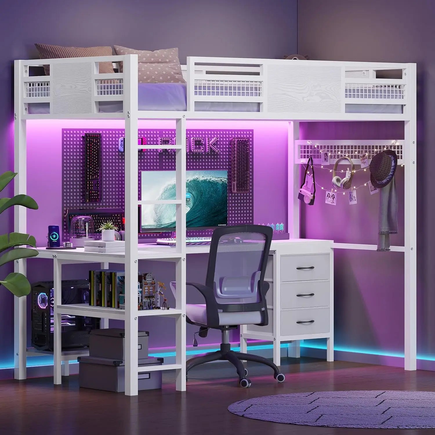 Loft Bed Twin Size with L-Shaped Desk, 3 Storage Drawers, 2-Tier Storage Shelves, Power OUtlets, LED Metal Twin Size Bed Frame,