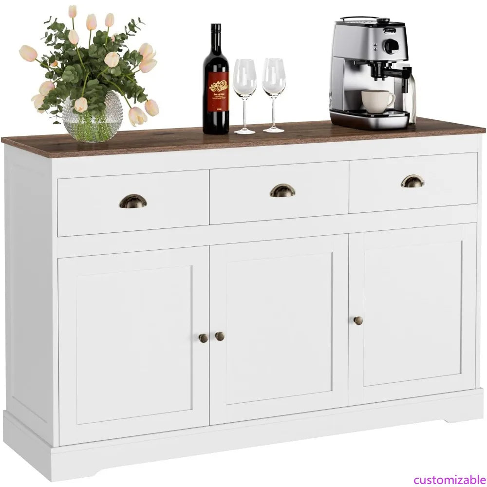 White Buffet Farmhouse Cabinet Storage Sideboard, Bar Wine Cabinet with 3 Drawers & 3 Doors Adjustable Shelves