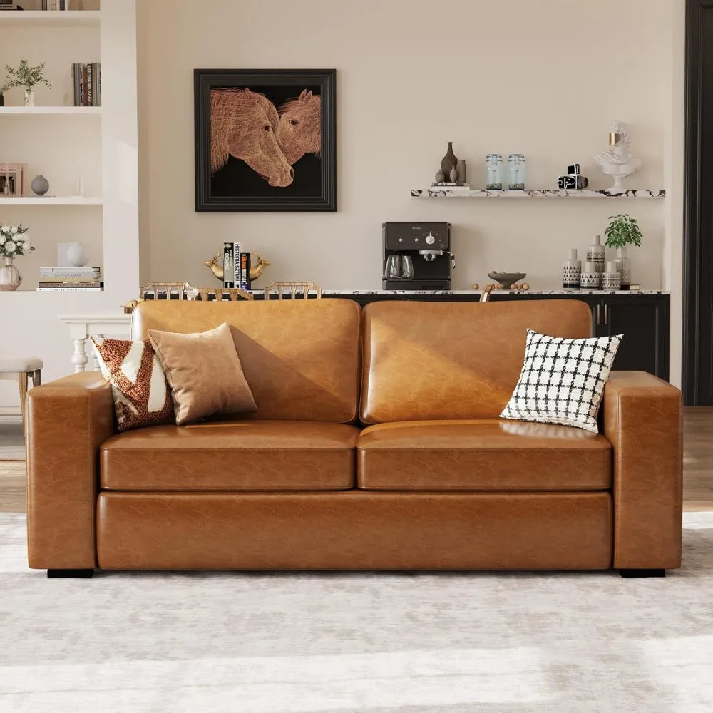 85" Faux Leather Couch with Padded Cushions, Mid-Century Modern Sofa with Extra Deep Seats, 3-Seater Sofa Couch for Living Room