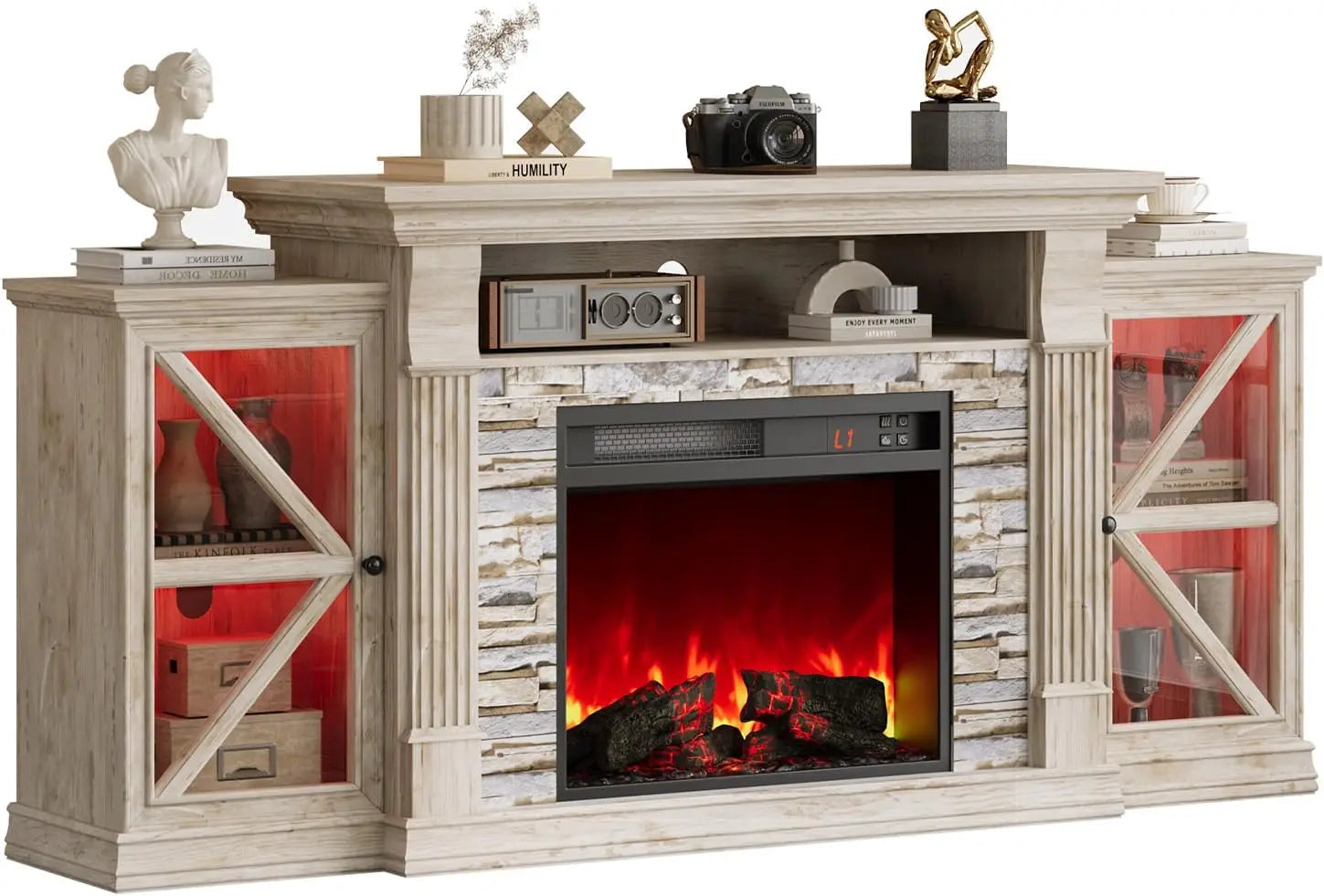 Electric Fireplace TV Stand, 70" Farmhouse Entertainment Center with Open Shelf and Glass Barn Door Cabniet,