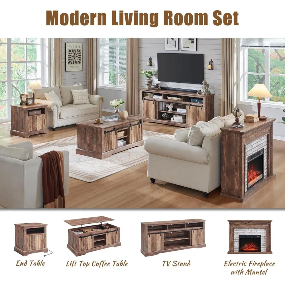 45" Flip Top Electric Fireplace with Mantel, Electric Fireplace Heater, TV Stand with Freestanding Electric Fireplaces, Remote Control